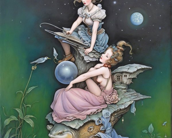 Ethereal Figures on a Whimsical Fish Under Stars