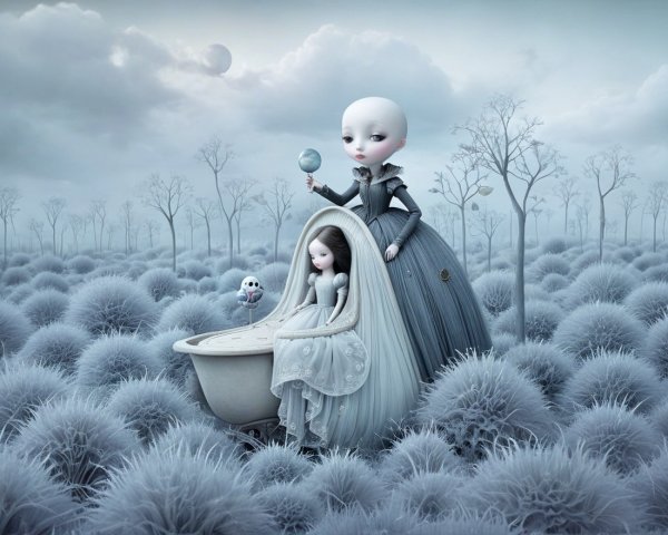 Ethereal Figures in a Frost-Colored Landscape Scene