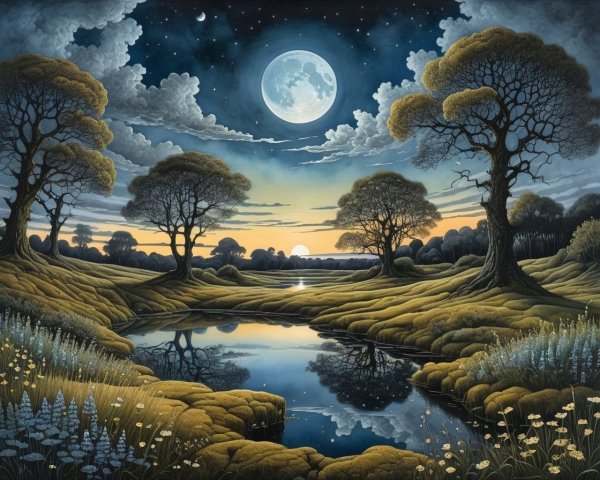 Serene Nighttime Landscape with Full Moon and Pond