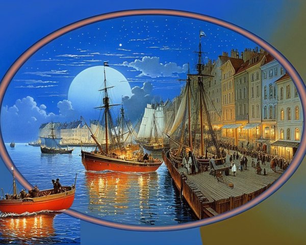 Bustling Night Harbor with Traditional Ships and Lights