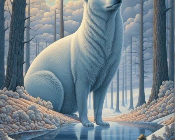 Serene forest dreamscape with polar bear and figure