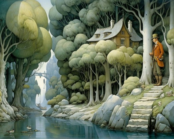 Tranquil Forest Scene with River and Wooden House