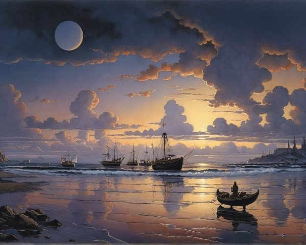 Twilight Sea Scene with Moon and Anchored Ships