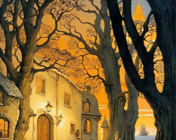 Twilight Scene with Cottage and Cobblestone Pathway