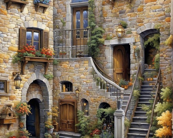 Charming Stone Courtyard with Vibrant Flowers and Lanterns