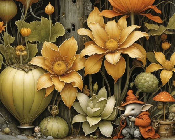 Whimsical Garden with Creature and Oversized Flowers