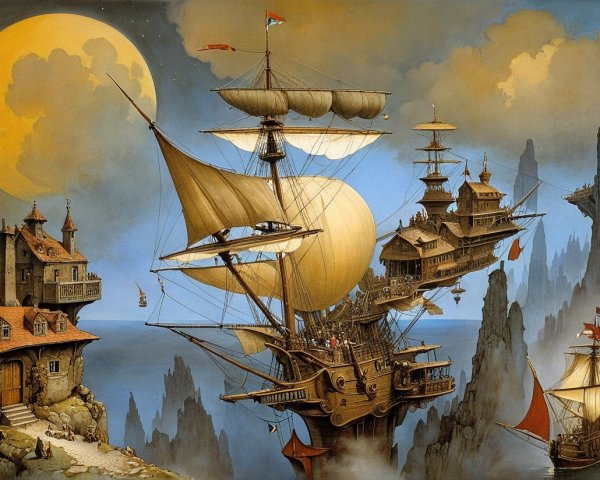 Whimsical Scene of Sky Sailing Ships and Cliffs