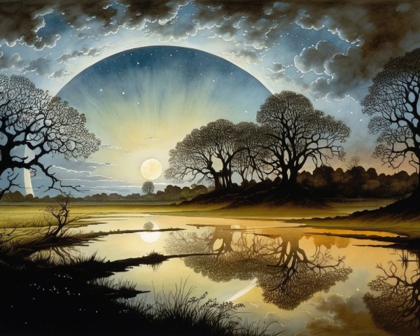 Twilight Landscape with River and Luminous Moon