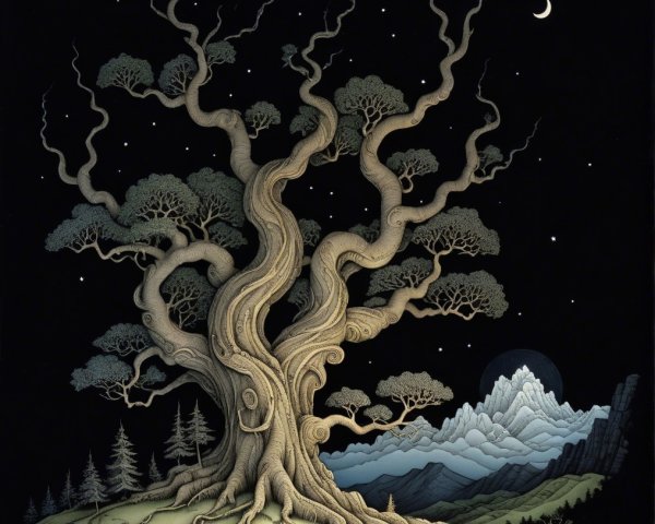 Majestic Tree Under Starry Sky with Mountains and Moon