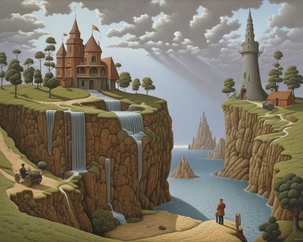 Surreal Landscape with Cliffs, Castle, and Lighthouse