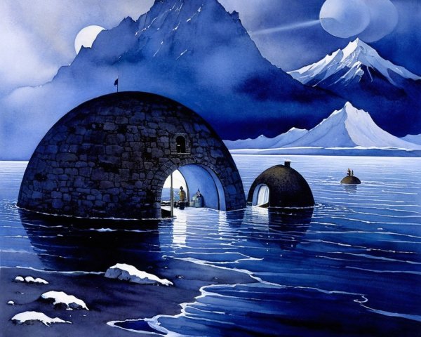 Surreal Landscape with Igloos and Moonlit Sky