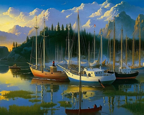 Serene Harbor Scene with Sailboats at Sunset