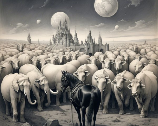 Surreal Landscape with Black Horse and White Animals