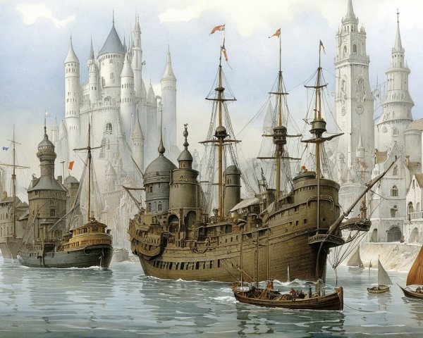 Serene Harbor Scene with Ships and Medieval Castle