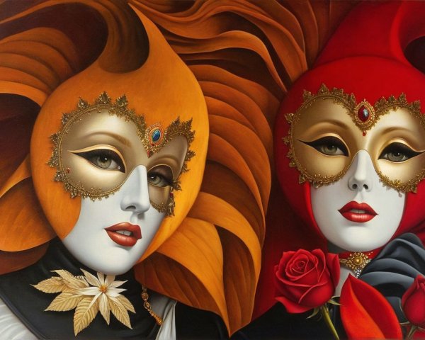 Masked Figures with Elegant Headdresses and Intricate Details