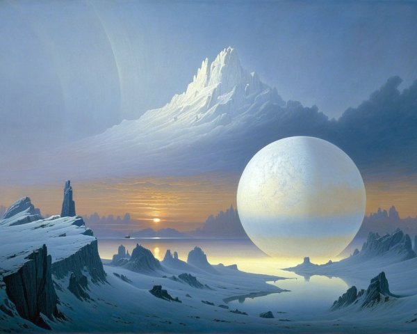 Alien Landscape with Snow-Capped Mountains and Twilight