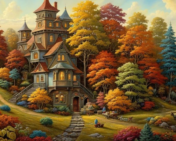 Victorian House in Vibrant Autumn Landscape