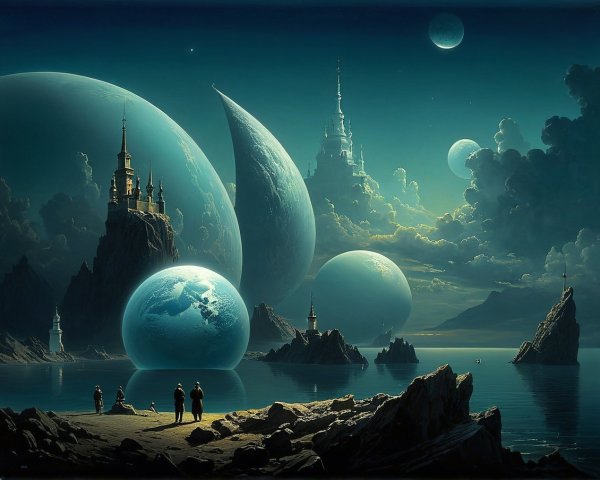 Surreal Landscape with Castles and Celestial Bodies