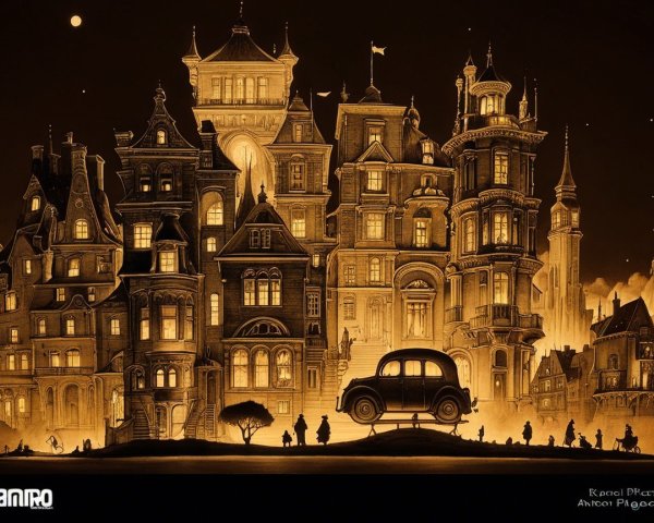 Whimsical cityscape with vintage buildings and classic car