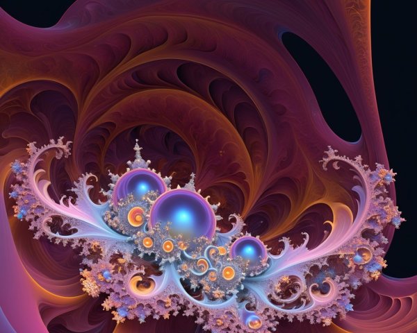 Ornate Fractal Design with Iridescent Spheres and Patterns