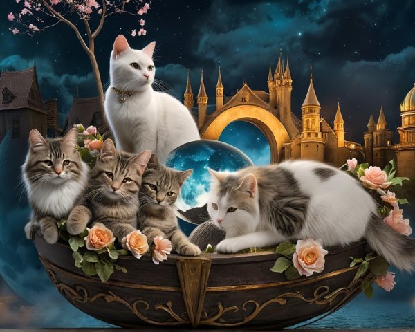 Cats in a Flower Bowl with Enchanted Landscape