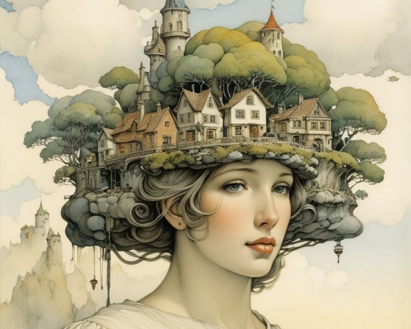 Ethereal Woman with Whimsical Landscape Hairstyle