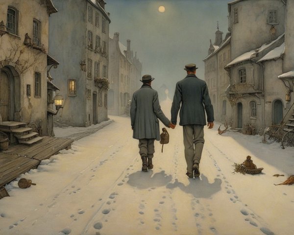Snowy Town Stroll with Lanterns and Historic Buildings