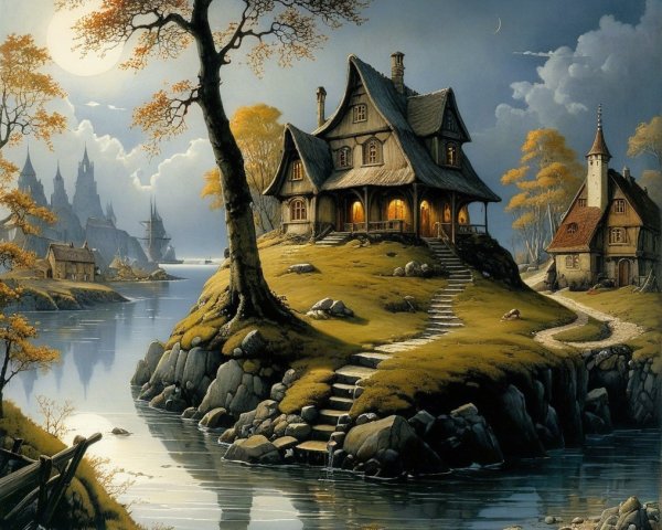Serene Landscape with House by Calm River at Night