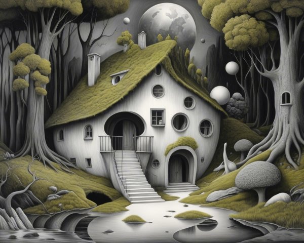Whimsical House by Waterway in Dreamlike Landscape