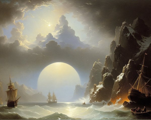Dramatic Seascape with Cliffs and Luminous Moon
