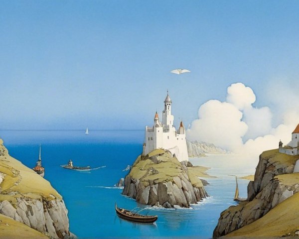 Fantastical Coastal Landscape with Castles and Sea