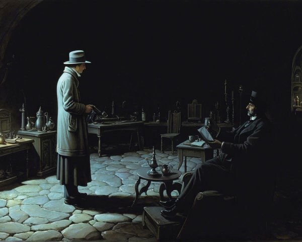 Tense Exchange in a Dimly Lit Room with Firearm