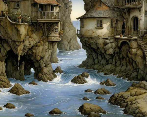 Charming Coastal Houses on Rocky Cliffs with Waves