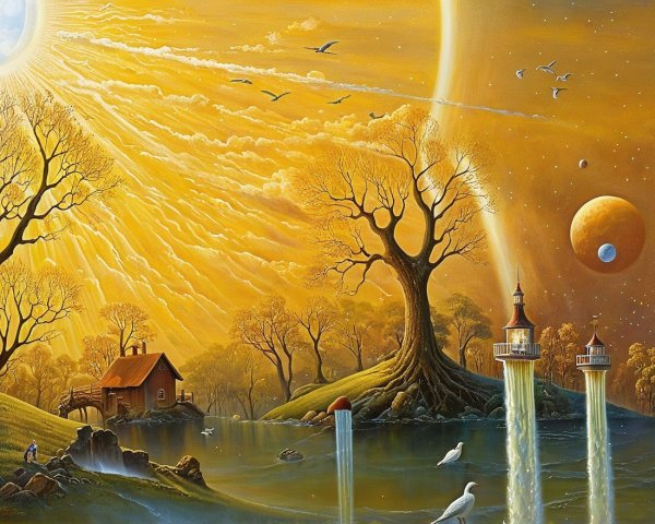 Surreal Landscape with Sunset, Lighthouses, and Lake