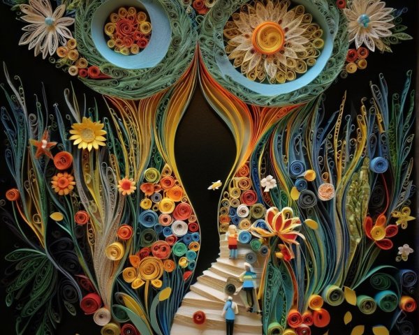 Vibrant Quilled Artwork of Stylized Owls and Flowers