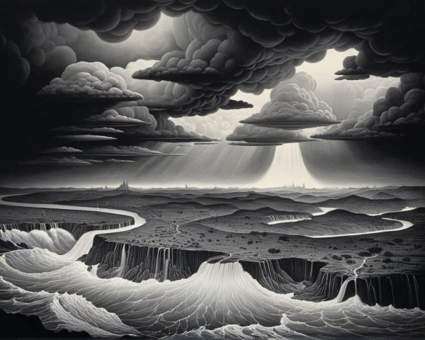 Monochrome Landscape with Rivers and Canyons