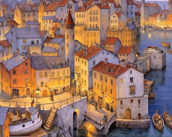 Charming Harbor Town at Twilight with Pastel Buildings