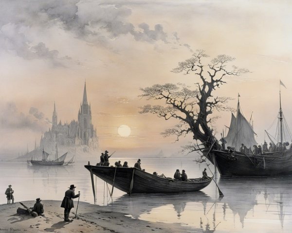 Serene River Scene at Sunset with Silhouetted Boats