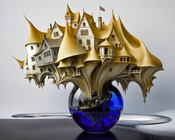Surreal Sculpture of Whimsical Houses on Blue Orb