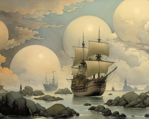 Serene Seascape with Majestic Ship and Dreamlike Elements
