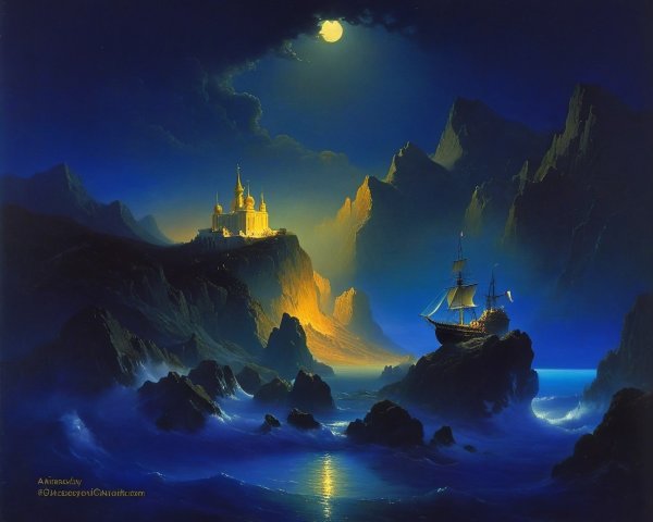 Mystical Castle and Ship Under Radiant Moonlight