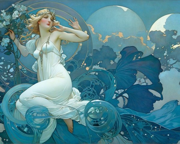 Serene Woman in White Gown with Floral Crown