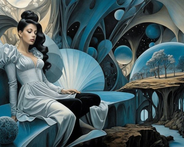 Serene Woman in White Gown Amidst Dreamlike Landscape