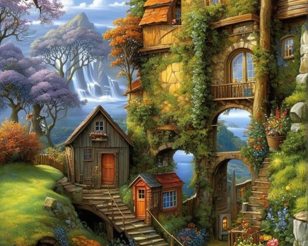 Whimsical Landscape with Stone Cottage and Waterfalls