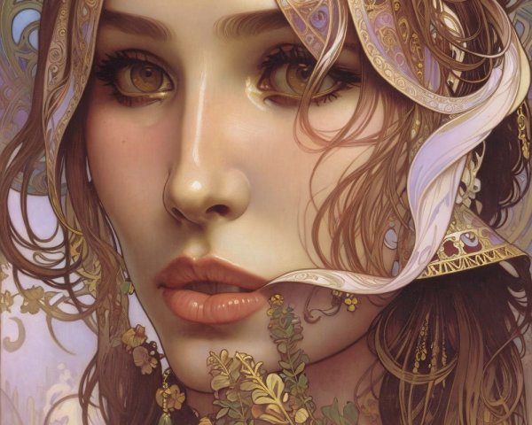 Detailed Portrait of a Woman with Floral Motifs