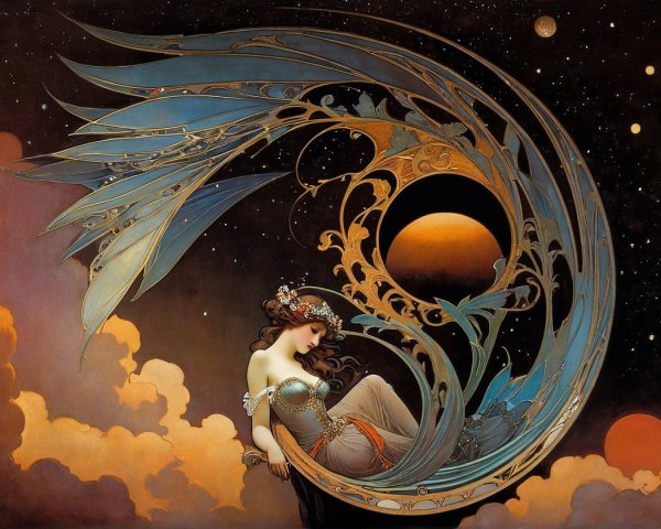 Ethereal Woman Against Celestial Floral Backdrop