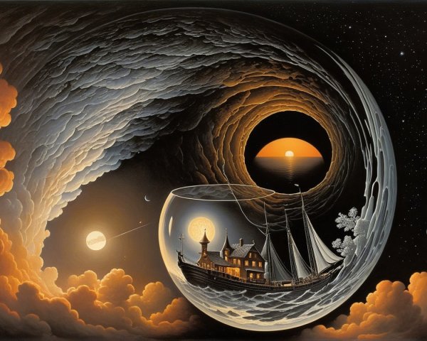 Surreal Glass Orb Scene with House and Sailing Ship