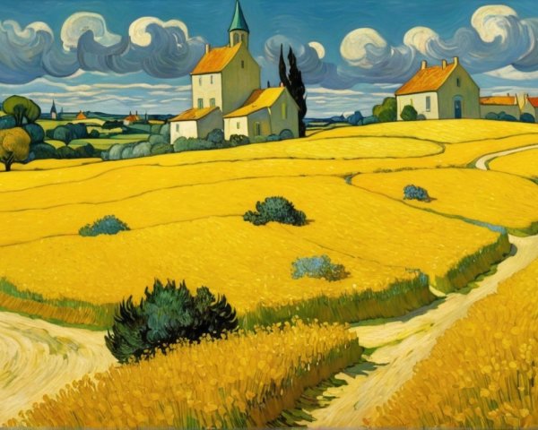 Vibrant Landscape with Wheat Fields and Village Scene
