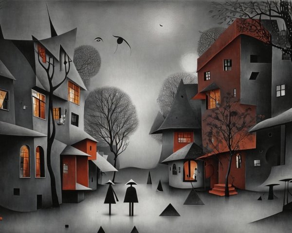Surreal Monochromatic Village with Unique Houses