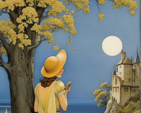 Serene landscape with a woman by a moonlit sea